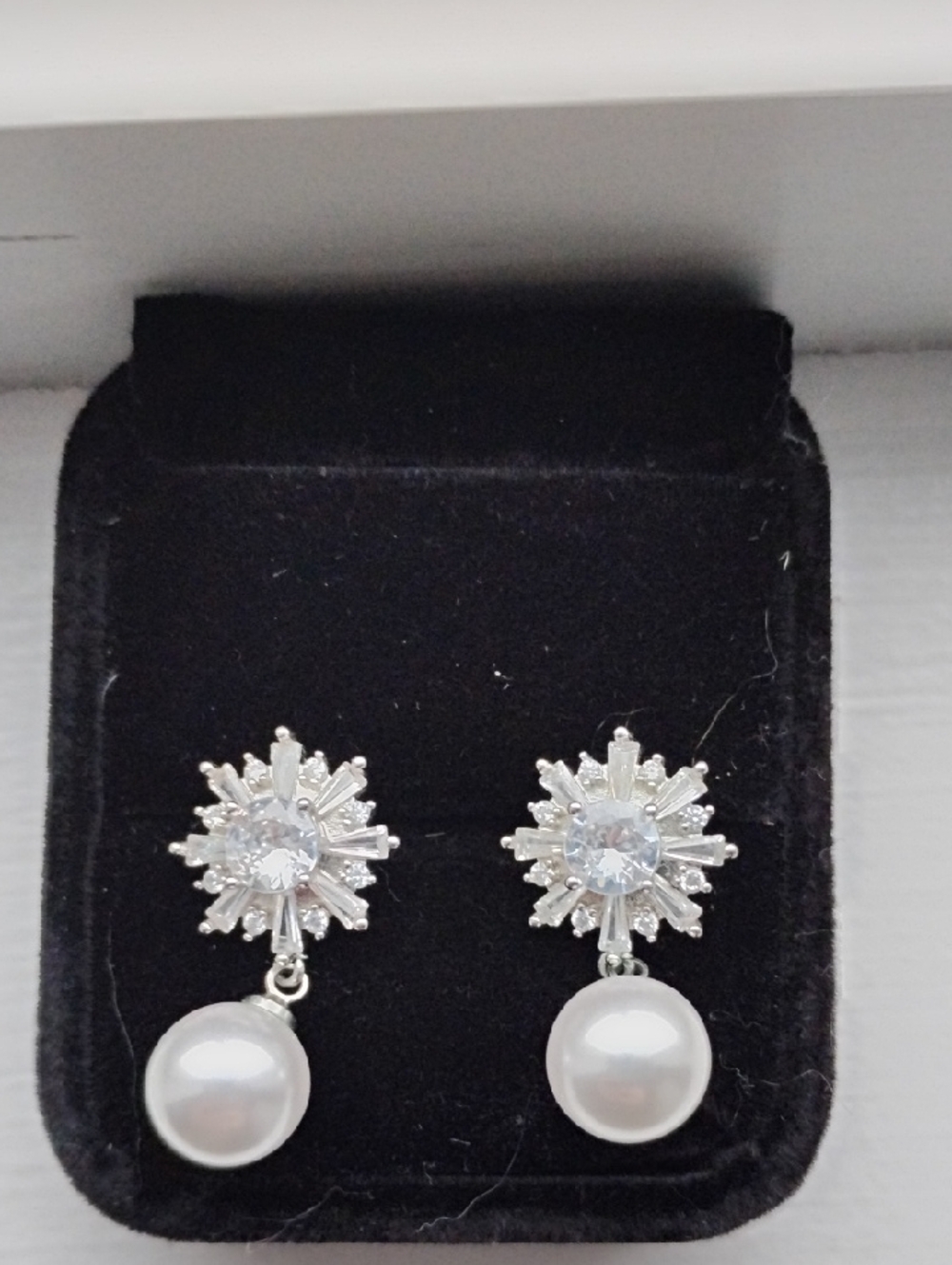 Sterling Silver White Pearl Drop Earrings with Crystal Halo